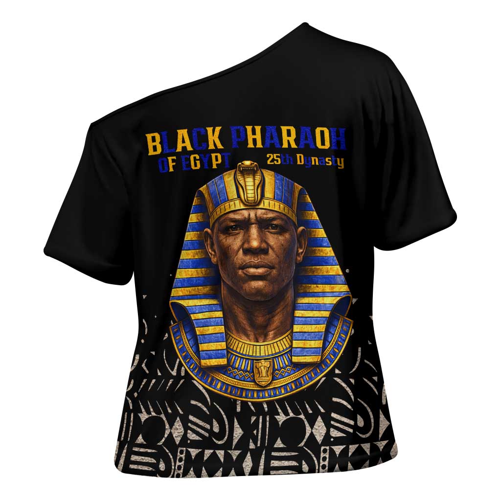 Taharqa Cross Shoulder Shirt with Black Pharaoh Portrait, 25th Dynasty of Egypt Text and Nubian-Inspired - Wonder Print Shop