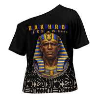 Taharqa Cross Shoulder Shirt with Black Pharaoh Portrait, 25th Dynasty of Egypt Text and Nubian-Inspired - Wonder Print Shop