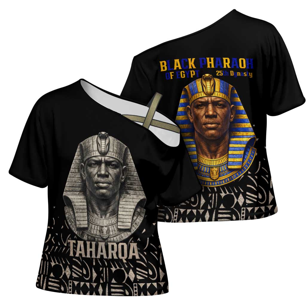 Taharqa Cross Shoulder Shirt with Black Pharaoh Portrait, 25th Dynasty of Egypt Text and Nubian-Inspired - Wonder Print Shop