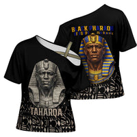 Taharqa Cross Shoulder Shirt with Black Pharaoh Portrait, 25th Dynasty of Egypt Text and Nubian-Inspired - Wonder Print Shop