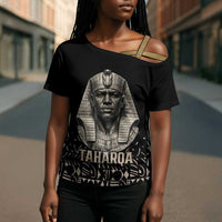 Taharqa Cross Shoulder Shirt with Black Pharaoh Portrait, 25th Dynasty of Egypt Text and Nubian-Inspired - Wonder Print Shop