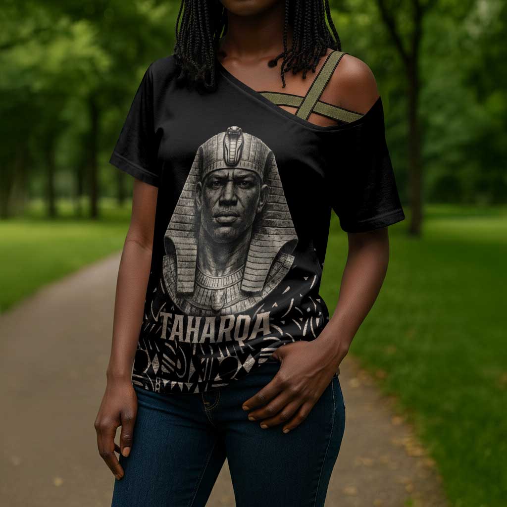 Taharqa Cross Shoulder Shirt with Black Pharaoh Portrait, 25th Dynasty of Egypt Text and Nubian-Inspired - Wonder Print Shop