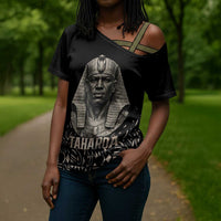 Taharqa Cross Shoulder Shirt with Black Pharaoh Portrait, 25th Dynasty of Egypt Text and Nubian-Inspired - Wonder Print Shop