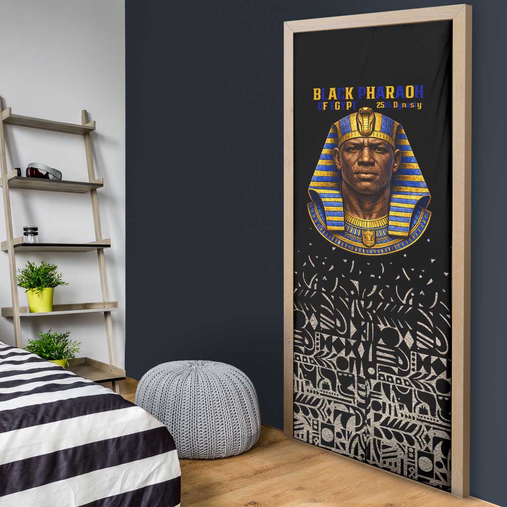 Taharqa Door Cover with Black Pharaoh Portrait, 25th Dynasty of Egypt Text and Nubian-Inspired - Wonder Print Shop