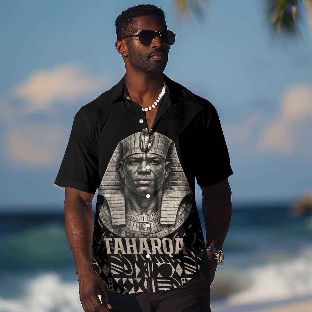 Taharqa Hawaiian Shirt with Black Pharaoh Portrait, 25th Dynasty of Egypt Text and Nubian-Inspired - Wonder Print Shop