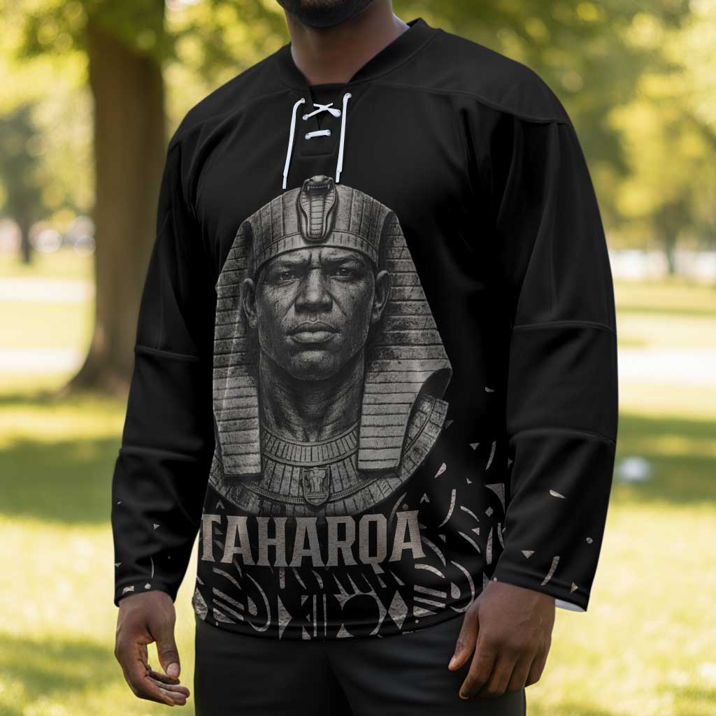 Taharqa Hockey Jersey with Black Pharaoh Portrait, 25th Dynasty of Egypt Text and Nubian-Inspired - Wonder Print Shop