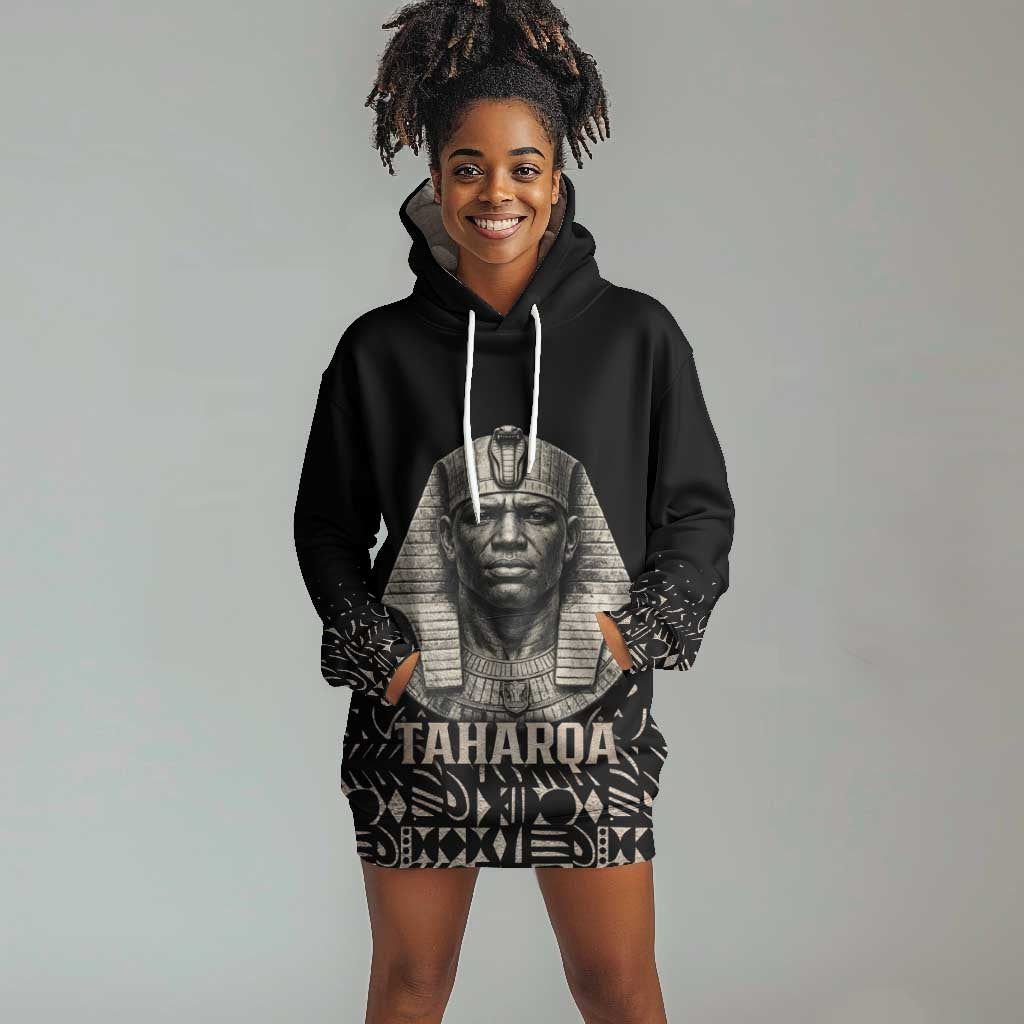 Taharqa Hoodie Dress with Black Pharaoh Portrait, 25th Dynasty of Egypt Text and Nubian-Inspired - Wonder Print Shop
