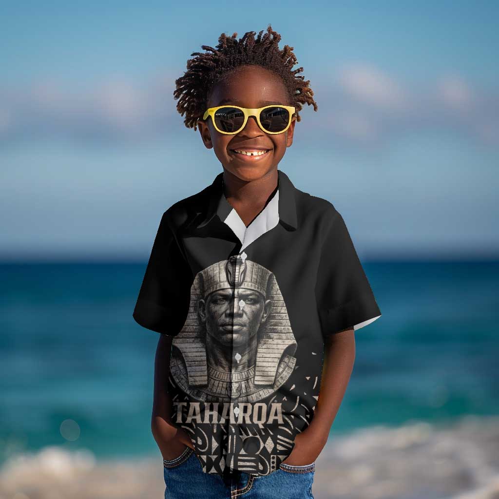 Taharqa Kid Hawaiian Shirt with Black Pharaoh Portrait, 25th Dynasty of Egypt Text and Nubian-Inspired - Wonder Print Shop