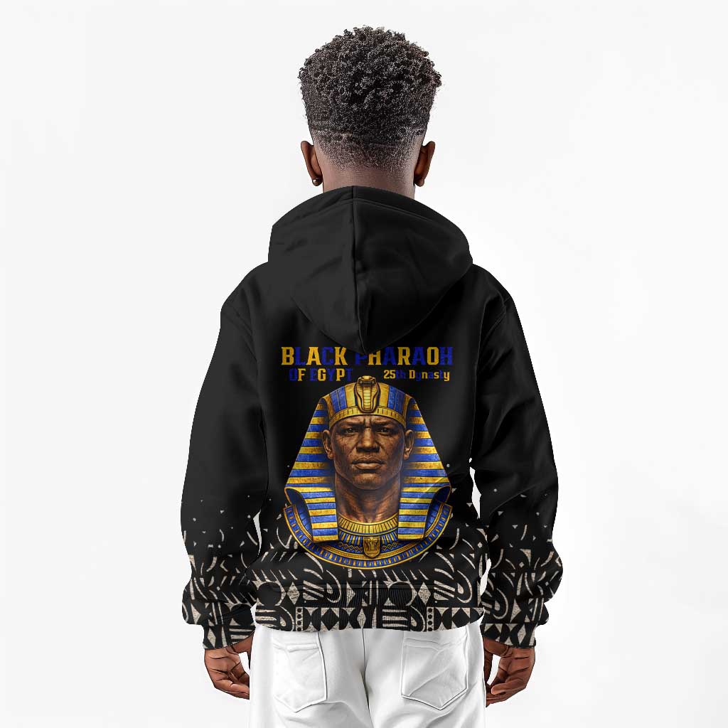 Taharqa Kid Hoodie with Black Pharaoh Portrait, 25th Dynasty of Egypt Text and Nubian-Inspired - Wonder Print Shop