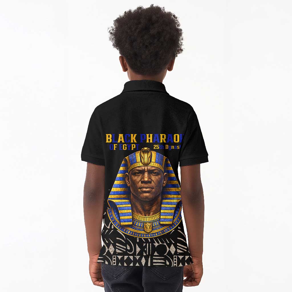 Taharqa Kid Polo Shirt with Black Pharaoh Portrait, 25th Dynasty of Egypt Text and Nubian-Inspired - Wonder Print Shop