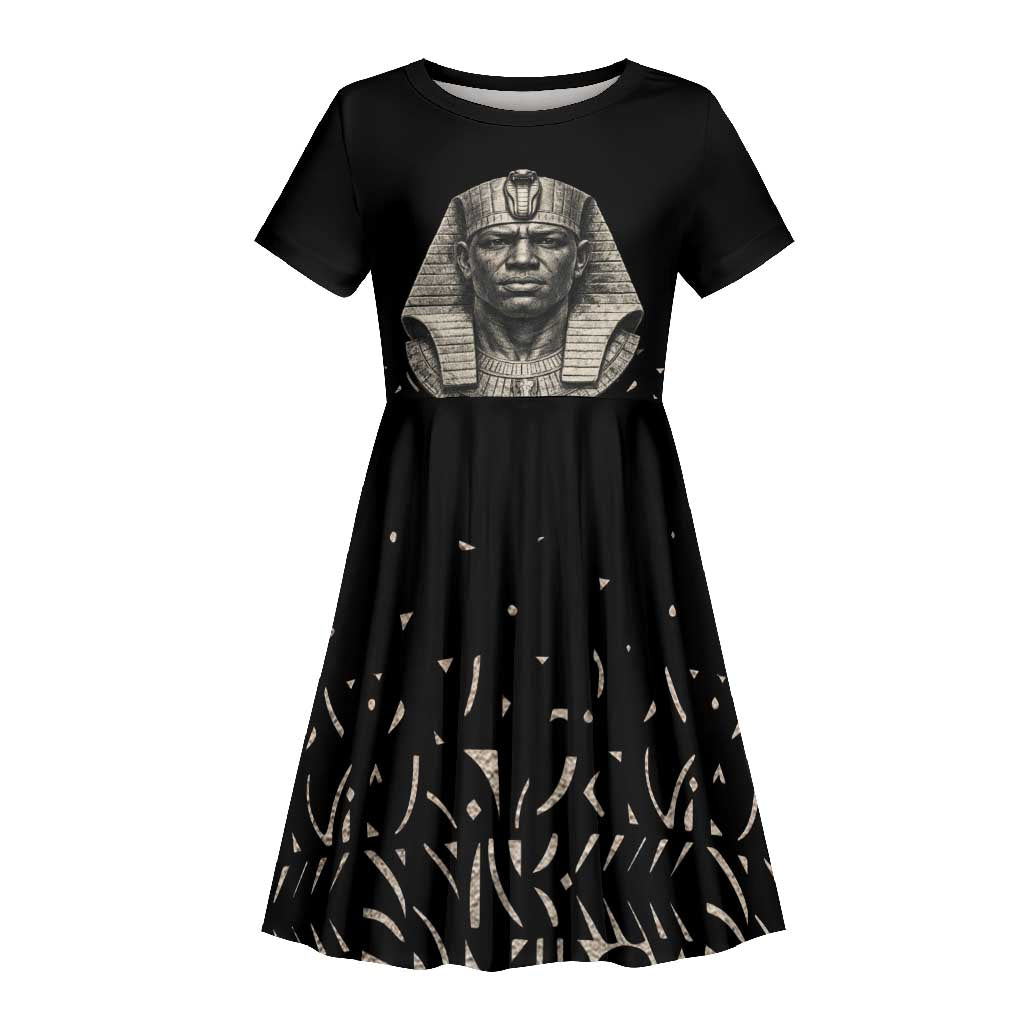 Taharqa Kid Short Sleeve Dress with Black Pharaoh Portrait, 25th Dynasty of Egypt Text and Nubian-Inspired - Wonder Print Shop