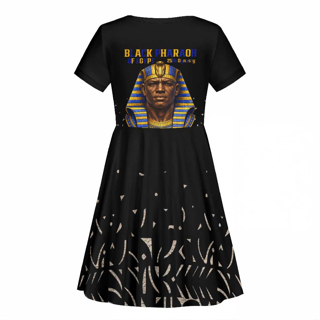 Taharqa Kid Short Sleeve Dress with Black Pharaoh Portrait, 25th Dynasty of Egypt Text and Nubian-Inspired - Wonder Print Shop