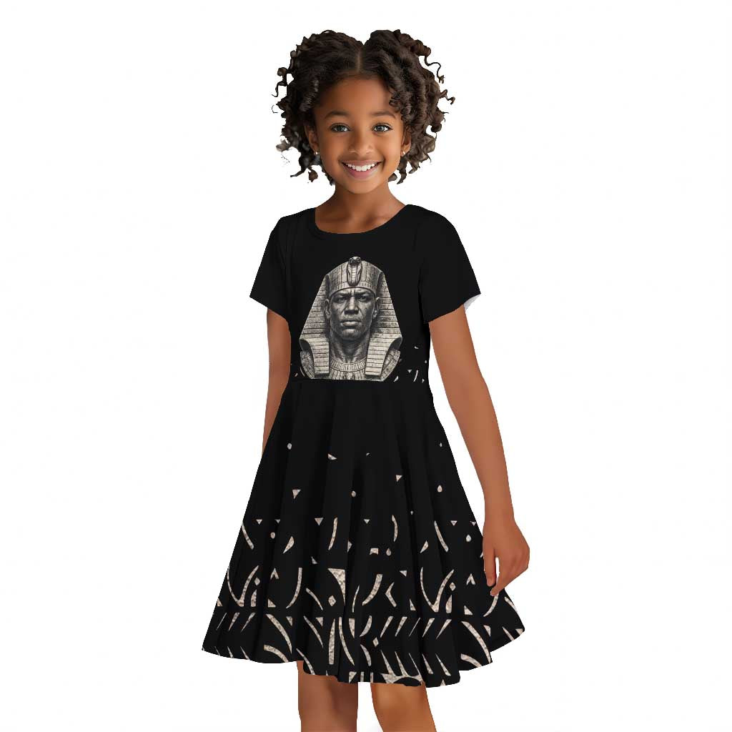 Taharqa Kid Short Sleeve Dress with Black Pharaoh Portrait, 25th Dynasty of Egypt Text and Nubian-Inspired - Wonder Print Shop