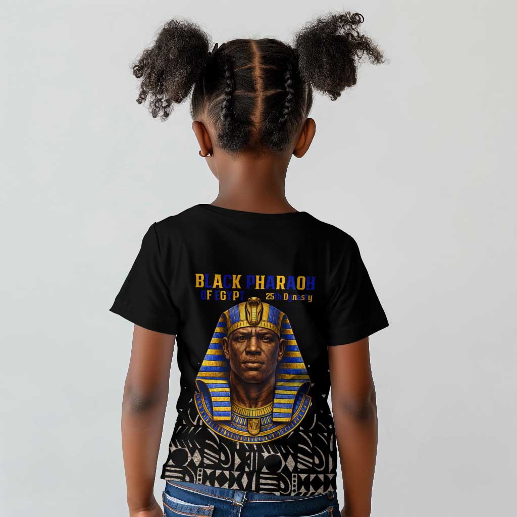 Taharqa Kid T shirt with Black Pharaoh Portrait, 25th Dynasty of Egypt Text and Nubian-Inspired - Wonder Print Shop