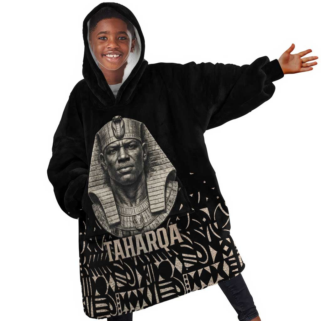Taharqa Kid Wearable Blanket Hoodie with Black Pharaoh Portrait, 25th Dynasty of Egypt Text and Nubian-Inspired - Wonder Print Shop