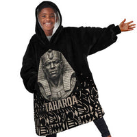 Taharqa Kid Wearable Blanket Hoodie with Black Pharaoh Portrait, 25th Dynasty of Egypt Text and Nubian-Inspired - Wonder Print Shop