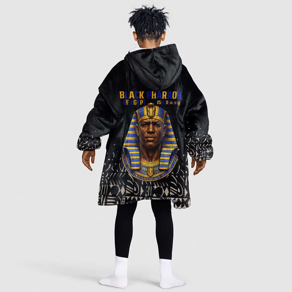 Taharqa Kid Wearable Blanket Hoodie with Black Pharaoh Portrait, 25th Dynasty of Egypt Text and Nubian-Inspired - Wonder Print Shop