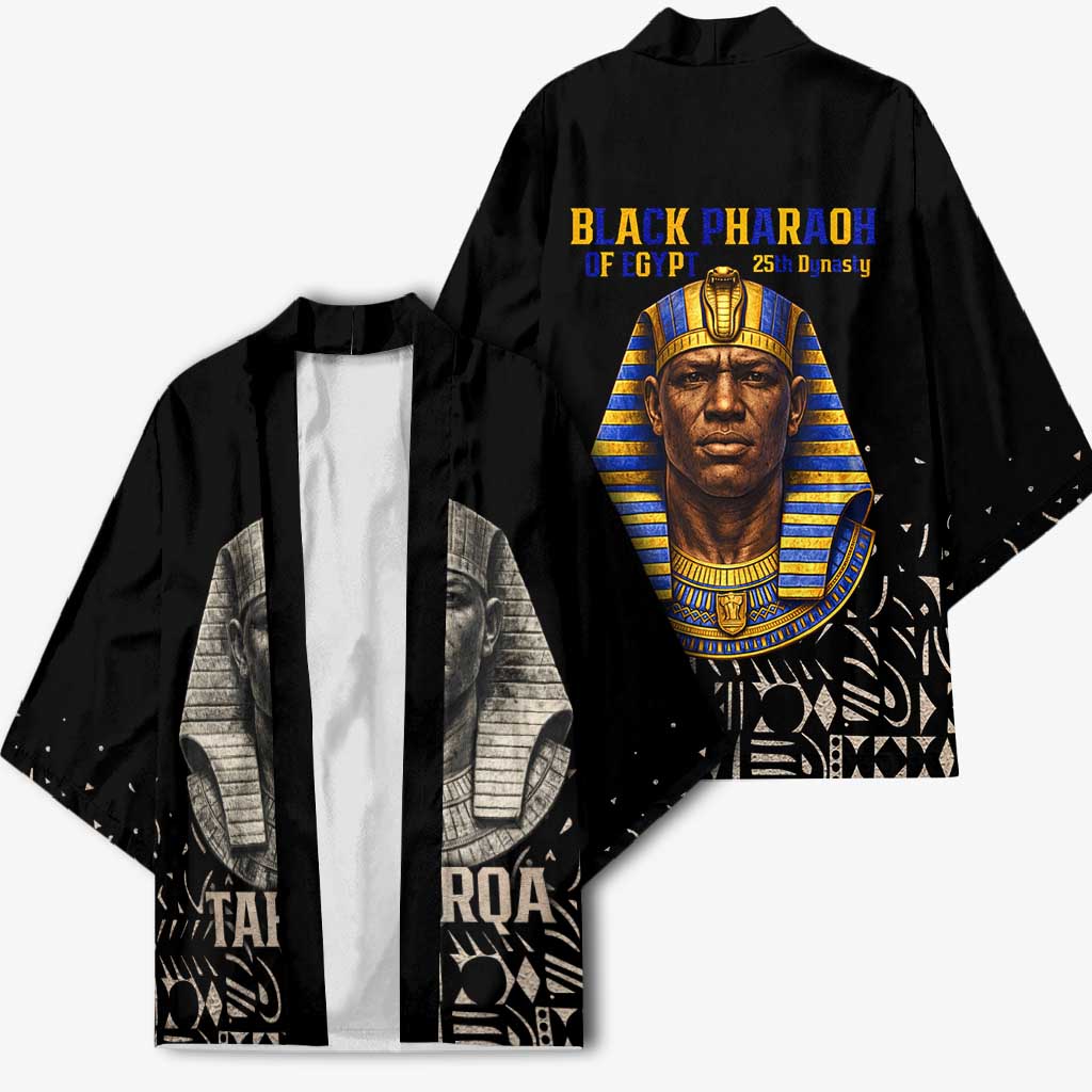 Taharqa Kimono with Black Pharaoh Portrait, 25th Dynasty of Egypt Text and Nubian-Inspired - Wonder Print Shop