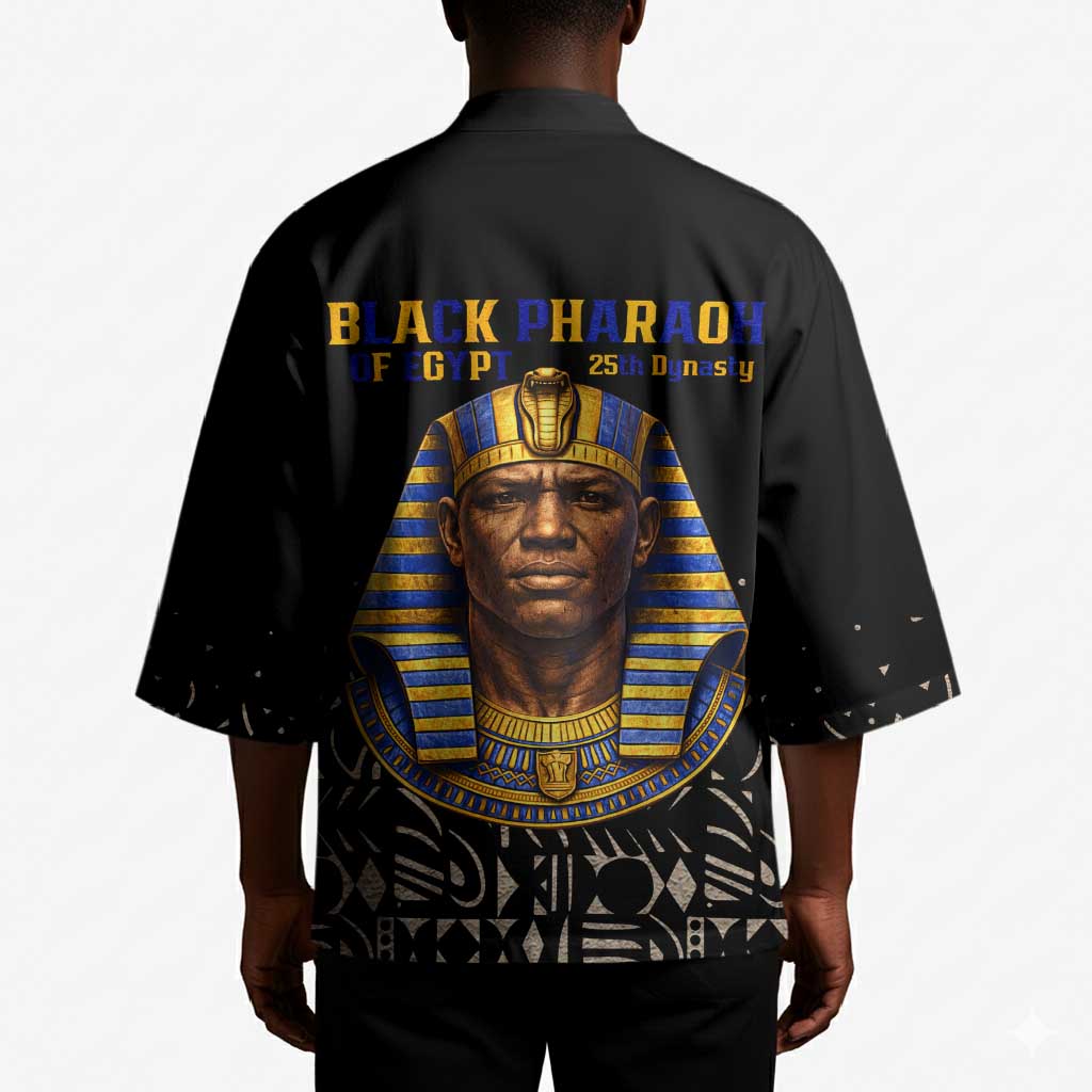 Taharqa Kimono with Black Pharaoh Portrait, 25th Dynasty of Egypt Text and Nubian-Inspired - Wonder Print Shop