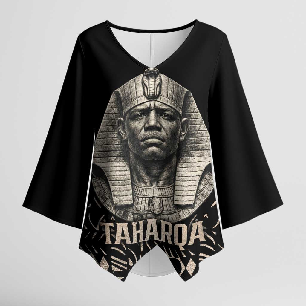 Taharqa Kimono Sleeve Blouse with Black Pharaoh Portrait, 25th Dynasty of Egypt Text and Nubian-Inspired - Wonder Print Shop