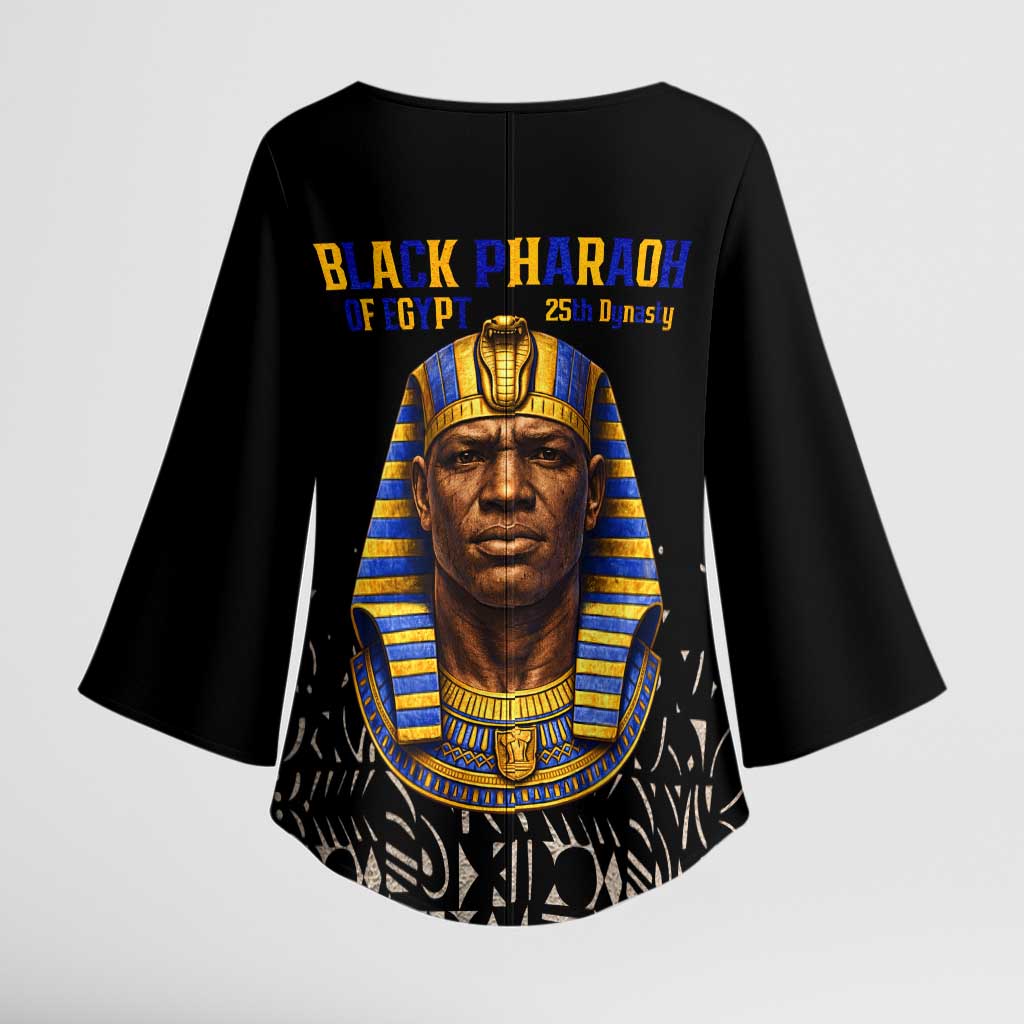 Taharqa Kimono Sleeve Blouse with Black Pharaoh Portrait, 25th Dynasty of Egypt Text and Nubian-Inspired - Wonder Print Shop