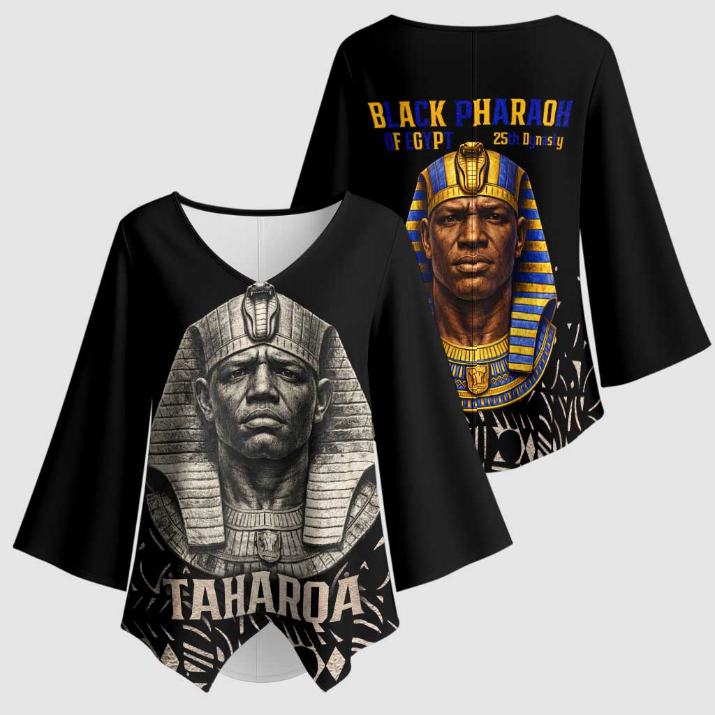 Taharqa Kimono Sleeve Blouse with Black Pharaoh Portrait, 25th Dynasty of Egypt Text and Nubian-Inspired - Wonder Print Shop