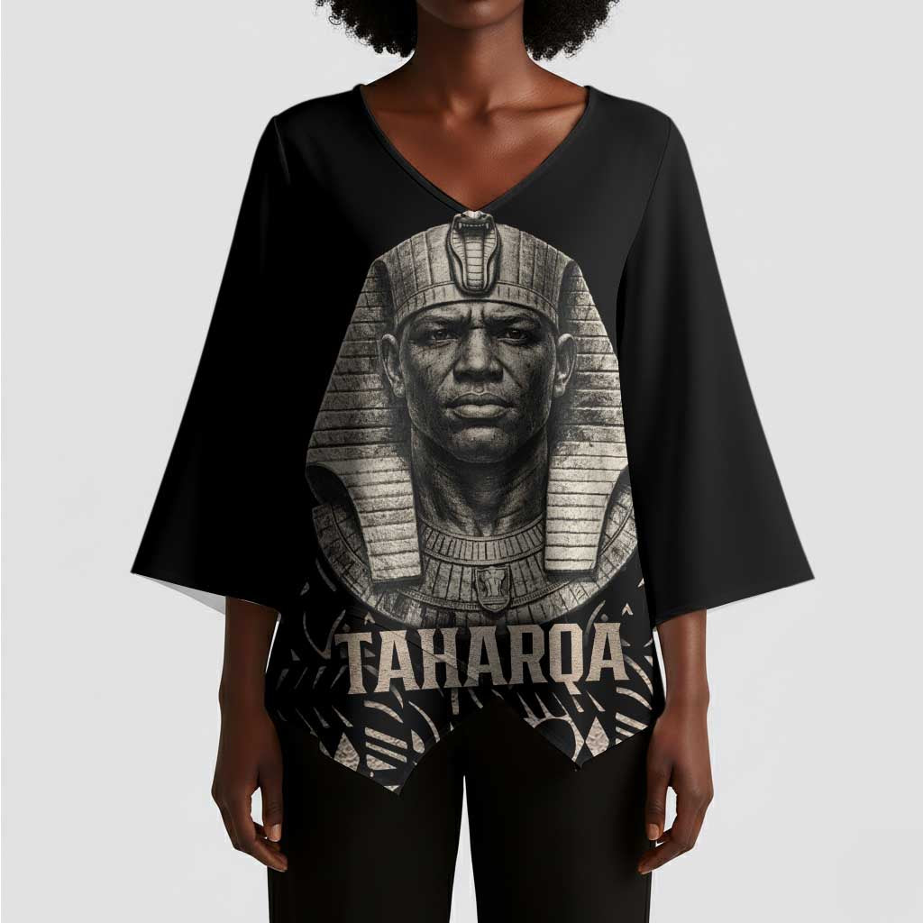 Taharqa Kimono Sleeve Blouse with Black Pharaoh Portrait, 25th Dynasty of Egypt Text and Nubian-Inspired - Wonder Print Shop