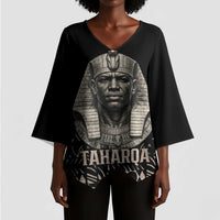 Taharqa Kimono Sleeve Blouse with Black Pharaoh Portrait, 25th Dynasty of Egypt Text and Nubian-Inspired - Wonder Print Shop