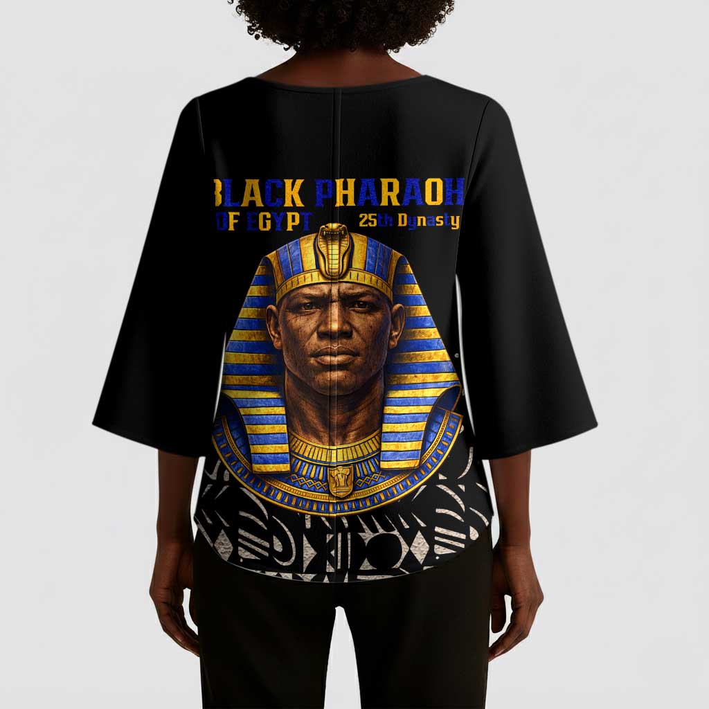 Taharqa Kimono Sleeve Blouse with Black Pharaoh Portrait, 25th Dynasty of Egypt Text and Nubian-Inspired - Wonder Print Shop