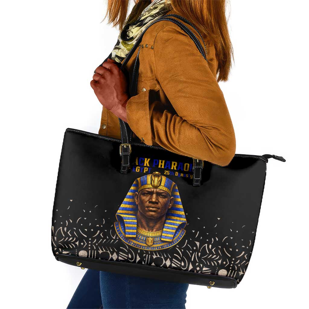 Taharqa Leather Tote Bag with Black Pharaoh Portrait, 25th Dynasty of Egypt Text and Nubian-Inspired - Wonder Print Shop