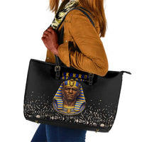 Taharqa Leather Tote Bag with Black Pharaoh Portrait, 25th Dynasty of Egypt Text and Nubian-Inspired - Wonder Print Shop