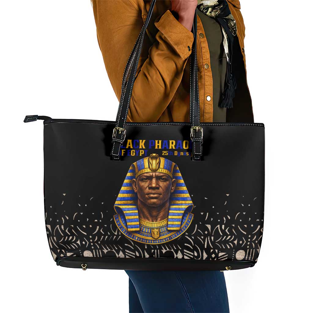 Taharqa Leather Tote Bag with Black Pharaoh Portrait, 25th Dynasty of Egypt Text and Nubian-Inspired - Wonder Print Shop