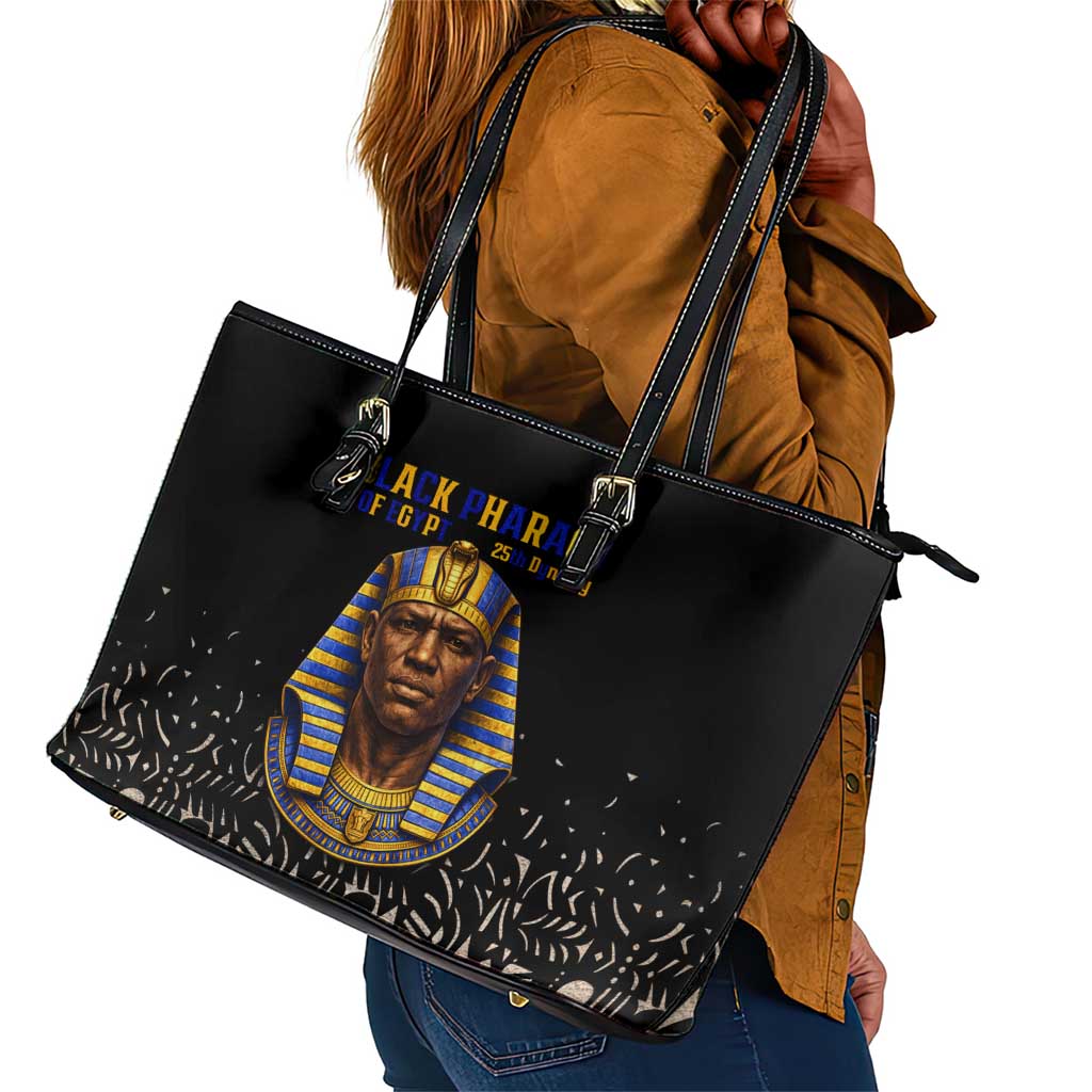 Taharqa Leather Tote Bag with Black Pharaoh Portrait, 25th Dynasty of Egypt Text and Nubian-Inspired - Wonder Print Shop