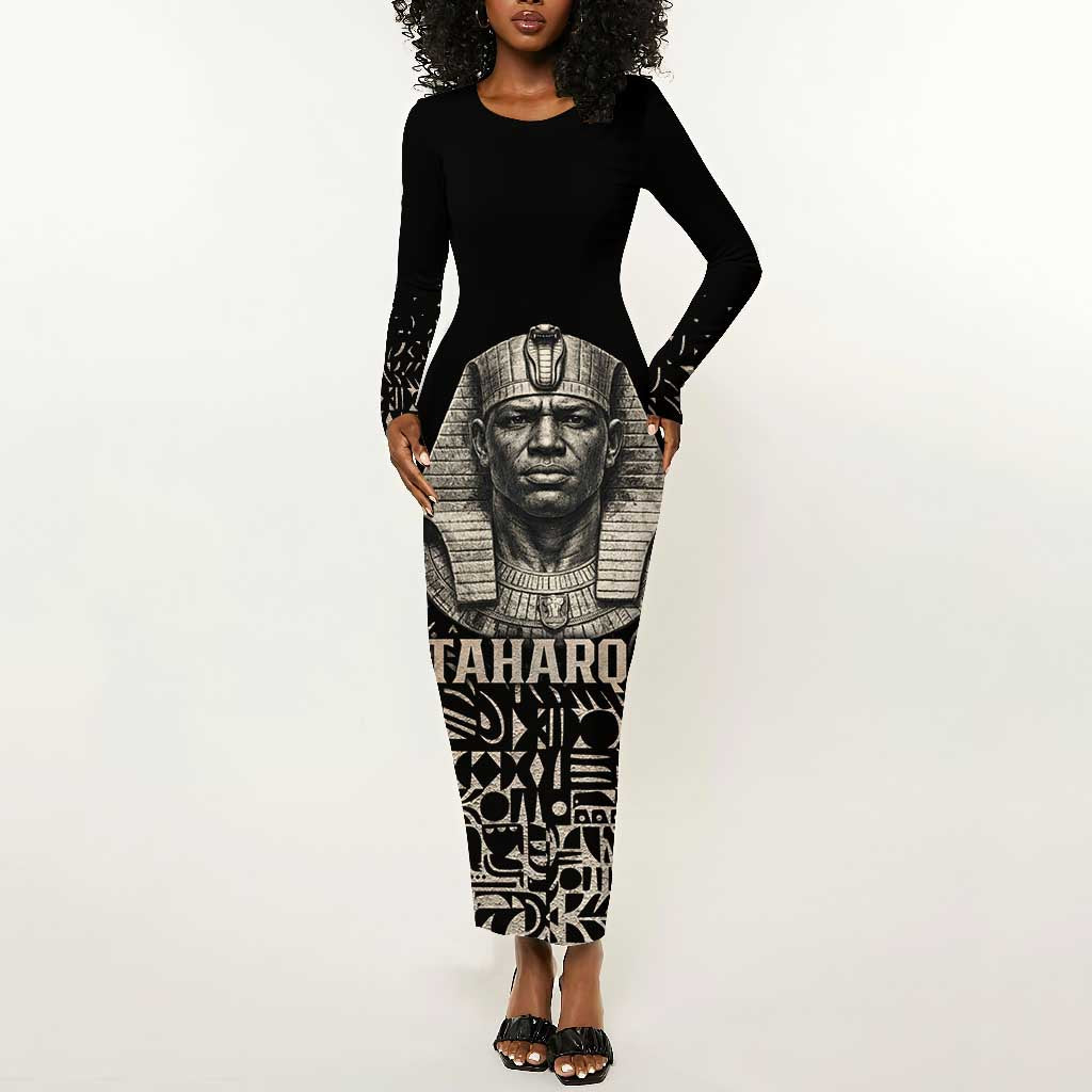 Taharqa Long Sleeve Bodycon Dress with Black Pharaoh Portrait, 25th Dynasty of Egypt Text and Nubian-Inspired - Wonder Print Shop