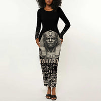 Taharqa Long Sleeve Bodycon Dress with Black Pharaoh Portrait, 25th Dynasty of Egypt Text and Nubian-Inspired - Wonder Print Shop