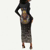 Taharqa Long Sleeve Bodycon Dress with Black Pharaoh Portrait, 25th Dynasty of Egypt Text and Nubian-Inspired - Wonder Print Shop