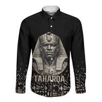 Taharqa Long Sleeve Button Shirt with Black Pharaoh Portrait, 25th Dynasty of Egypt Text and Nubian-Inspired - Wonder Print Shop