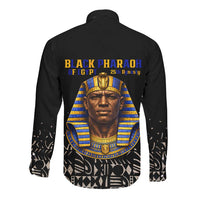 Taharqa Long Sleeve Button Shirt with Black Pharaoh Portrait, 25th Dynasty of Egypt Text and Nubian-Inspired - Wonder Print Shop