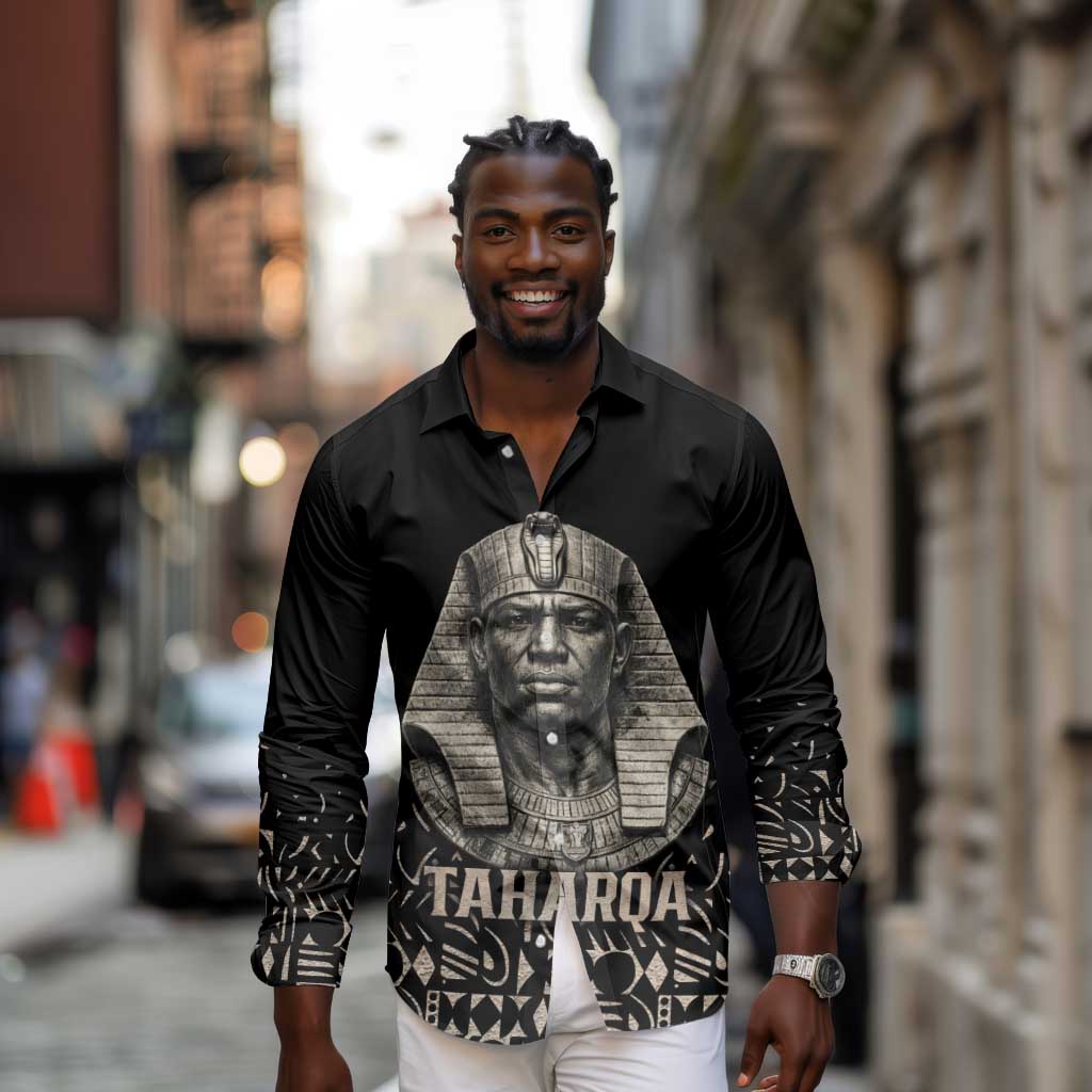 Taharqa Long Sleeve Button Shirt with Black Pharaoh Portrait, 25th Dynasty of Egypt Text and Nubian-Inspired - Wonder Print Shop