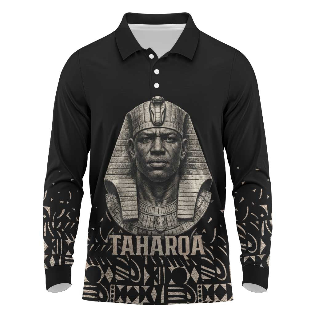Taharqa Long Sleeve Polo Shirt with Black Pharaoh Portrait, 25th Dynasty of Egypt Text and Nubian-Inspired - Wonder Print Shop