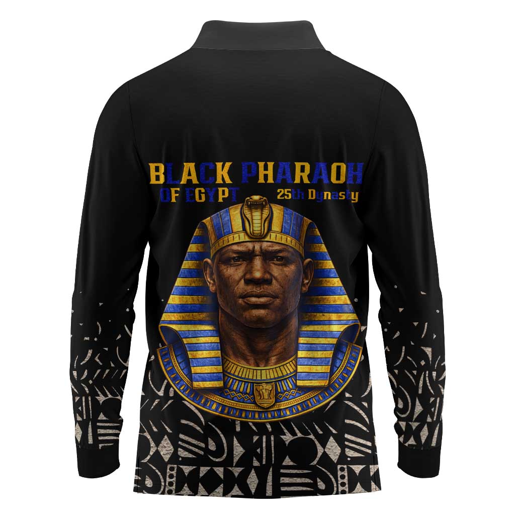 Taharqa Long Sleeve Polo Shirt with Black Pharaoh Portrait, 25th Dynasty of Egypt Text and Nubian-Inspired - Wonder Print Shop