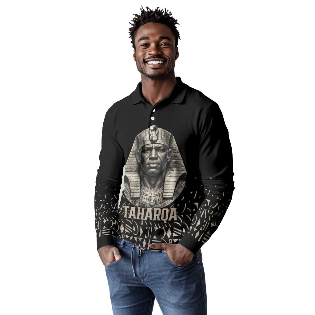 Taharqa Long Sleeve Polo Shirt with Black Pharaoh Portrait, 25th Dynasty of Egypt Text and Nubian-Inspired - Wonder Print Shop