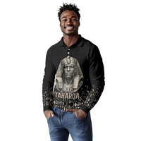 Taharqa Long Sleeve Polo Shirt with Black Pharaoh Portrait, 25th Dynasty of Egypt Text and Nubian-Inspired - Wonder Print Shop