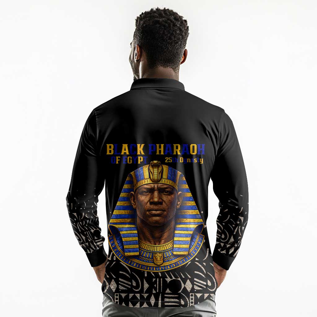 Taharqa Long Sleeve Polo Shirt with Black Pharaoh Portrait, 25th Dynasty of Egypt Text and Nubian-Inspired - Wonder Print Shop