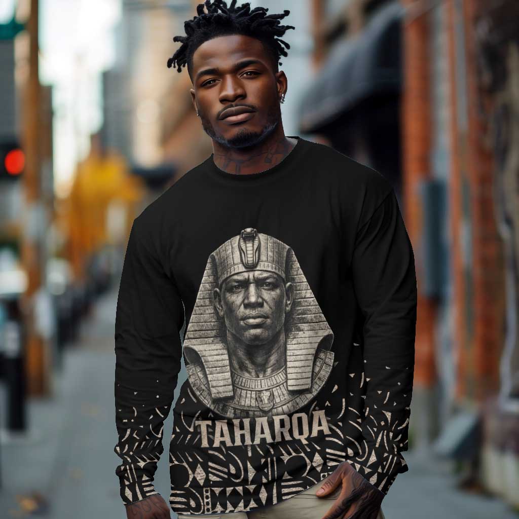Taharqa Long Sleeve Shirt with Black Pharaoh Portrait, 25th Dynasty of Egypt Text and Nubian-Inspired - Wonder Print Shop