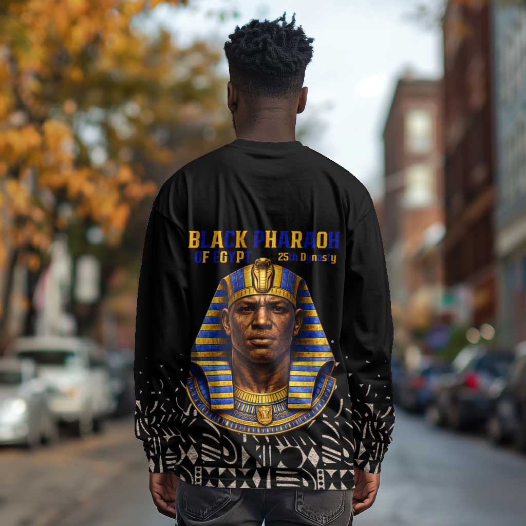 Taharqa Long Sleeve Shirt with Black Pharaoh Portrait, 25th Dynasty of Egypt Text and Nubian-Inspired - Wonder Print Shop
