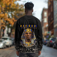 Taharqa Long Sleeve Shirt with Black Pharaoh Portrait, 25th Dynasty of Egypt Text and Nubian-Inspired - Wonder Print Shop