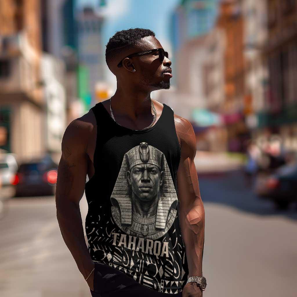 Taharqa Men Tank Top with Black Pharaoh Portrait, 25th Dynasty of Egypt Text and Nubian-Inspired - Wonder Print Shop
