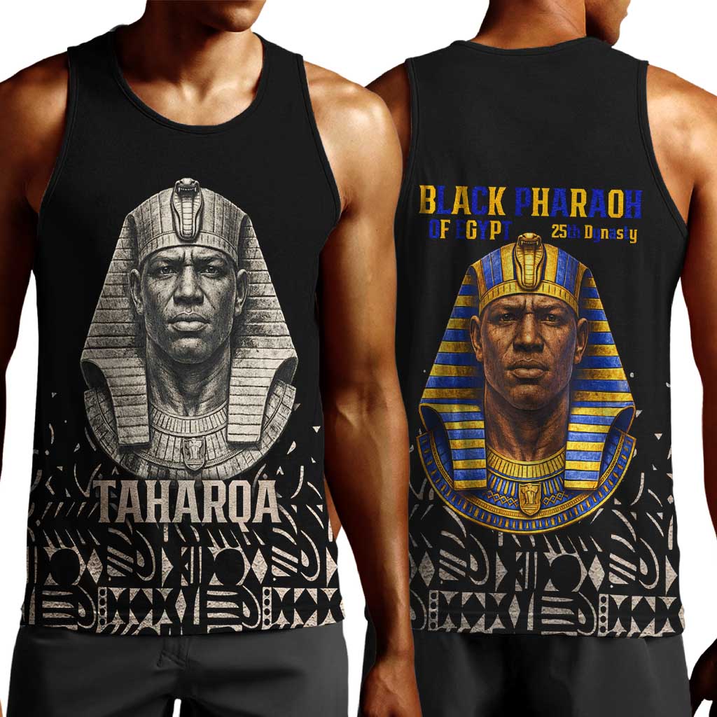 Taharqa Men Tank Top with Black Pharaoh Portrait, 25th Dynasty of Egypt Text and Nubian-Inspired - Wonder Print Shop
