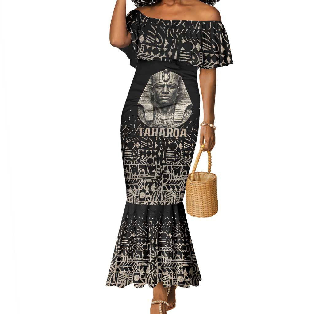 Taharqa Mermaid Dress with Black Pharaoh Portrait, 25th Dynasty of Egypt Text and Nubian-Inspired - Wonder Print Shop